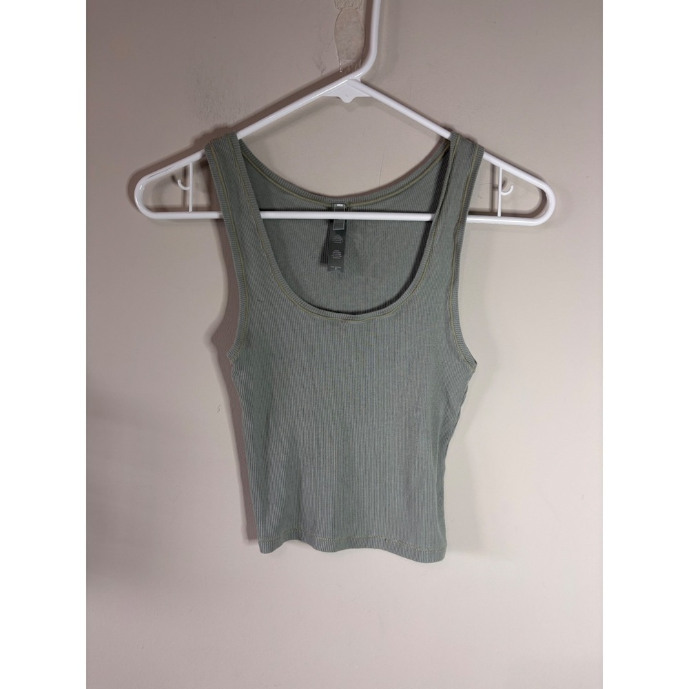Skims Cotton Rib Tank Mineral Green Grey Scoop Neck Crop Top Size M